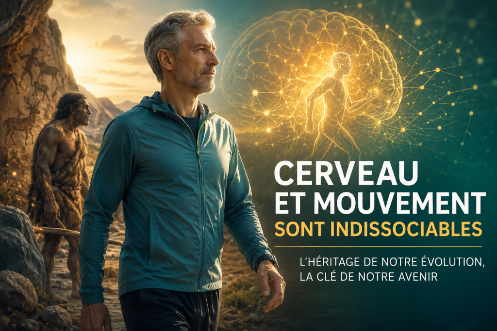 Illustration représentant un homme moderne, un Homo sapiens, un cerveau stylisé et une silhouette en mouvement symbolisant le lien entre cerveau et mouvement.