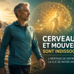 Illustration représentant un homme moderne, un Homo sapiens, un cerveau stylisé et une silhouette en mouvement symbolisant le lien entre cerveau et mouvement.